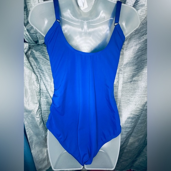 Jantzen Blue Classic Surplice Draped V-Neck One Piece Tummy Control Swimsuit ~14 - Picture 3 of 12